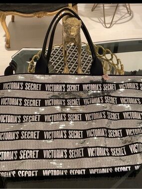 Victoria's Secret Black and Silver Sequin Logo Tote
